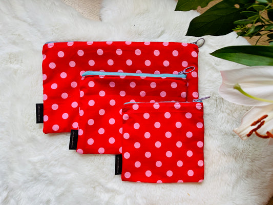 Red-polka lined cotton pouch